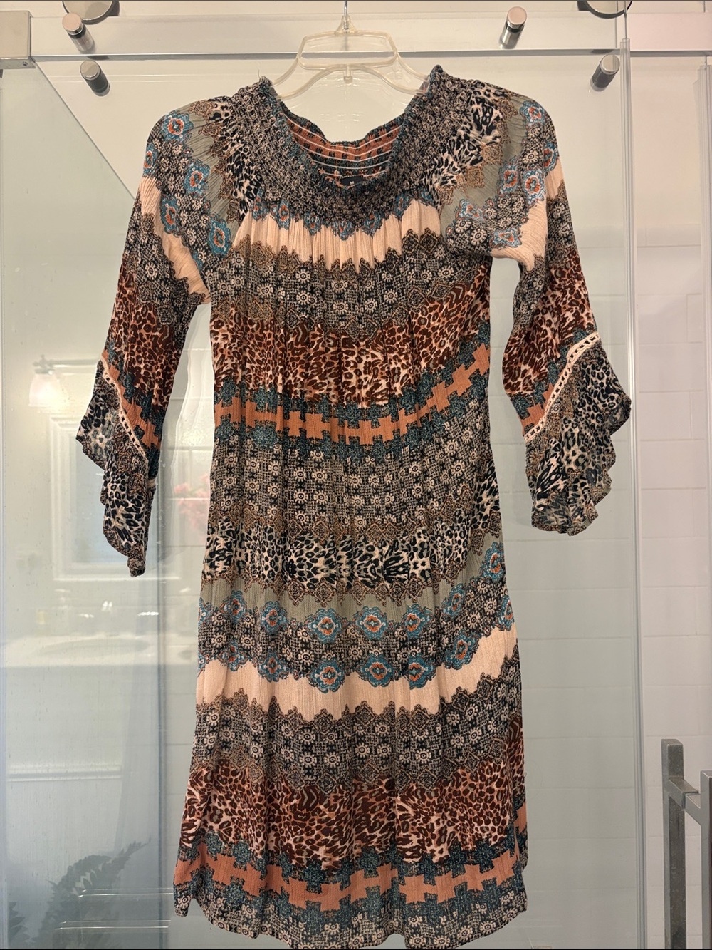 Boho Printed Smocked-Neck Women’s Dress in Mixed Neutral & Teal
